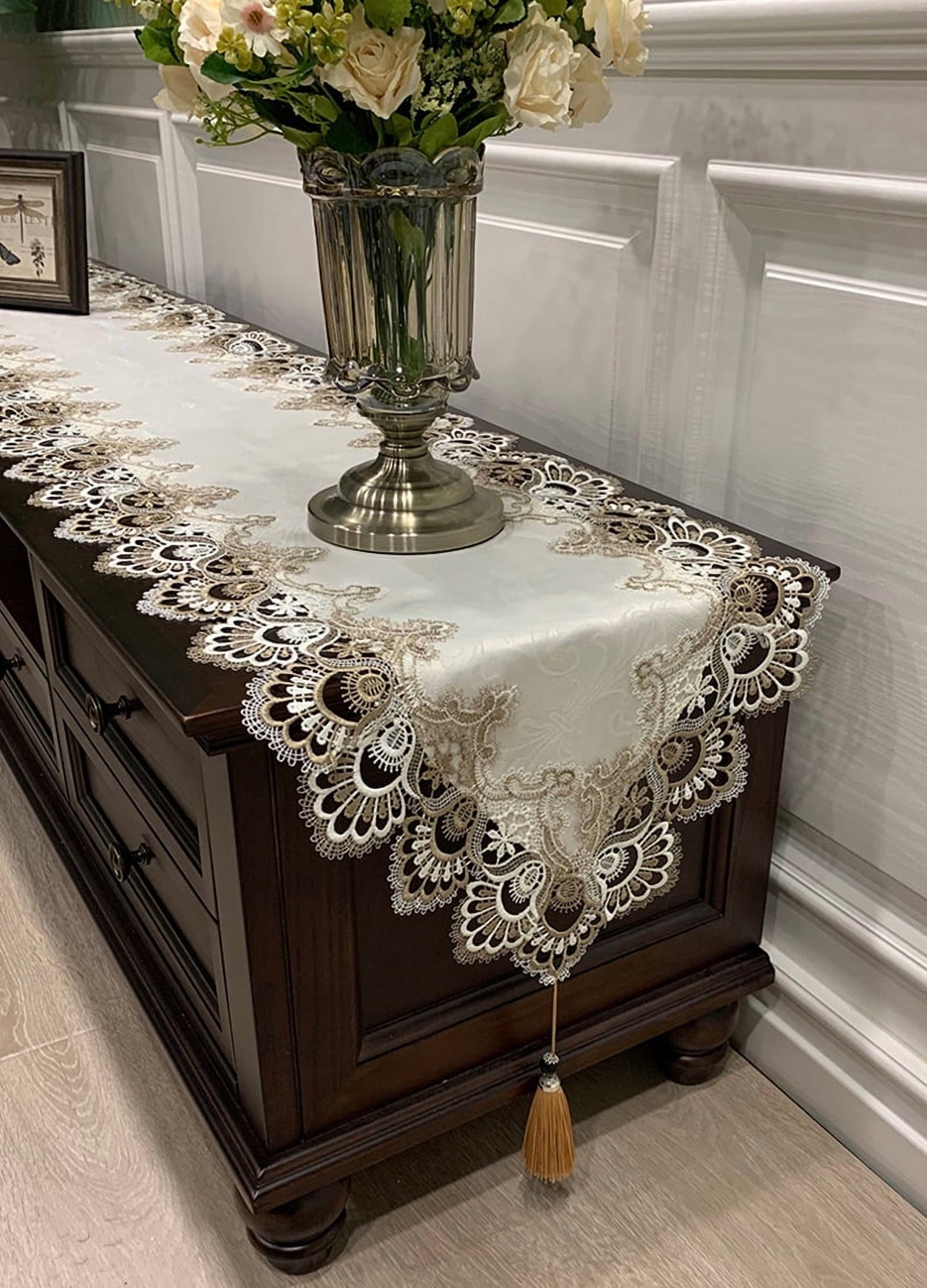 American Style Table Runner - 16x63 Inch Lace Embroidered Rectangular Cover for Coffee Table, TV Stand & Dresser, Dustproof European Linen Tablecloth (Beige & White)
