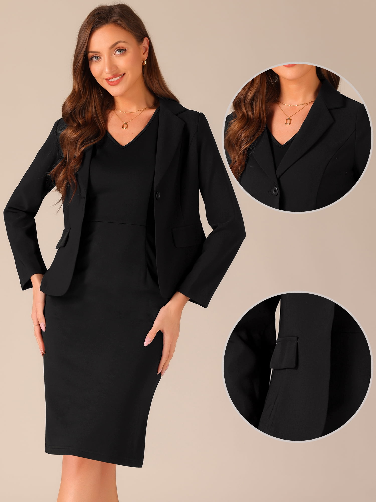 DARING DIVA 2Pcs Women's Business Suit Sets Outfit Blazer V Neck Dress L Black