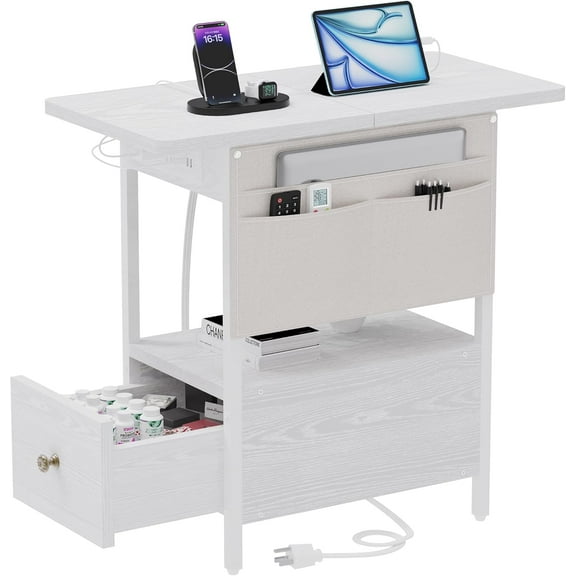 Small Side Table with Charging Station, Narrow Nightstand Bedside Tables with Storage Pocket for Living Room Bedroom, Sofa End T