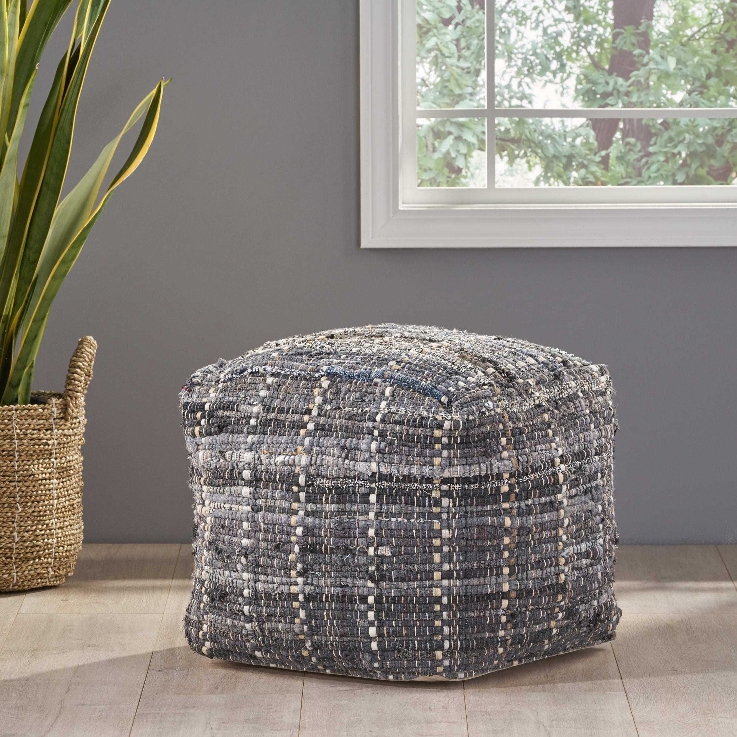 Noble House Daniela Handcrafted Boho Fabric Pouf, Gray and Blue