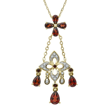 3 1/4 ct Natural Garnet Chandelier Pendant Necklace with Diamonds in 14kt Gold