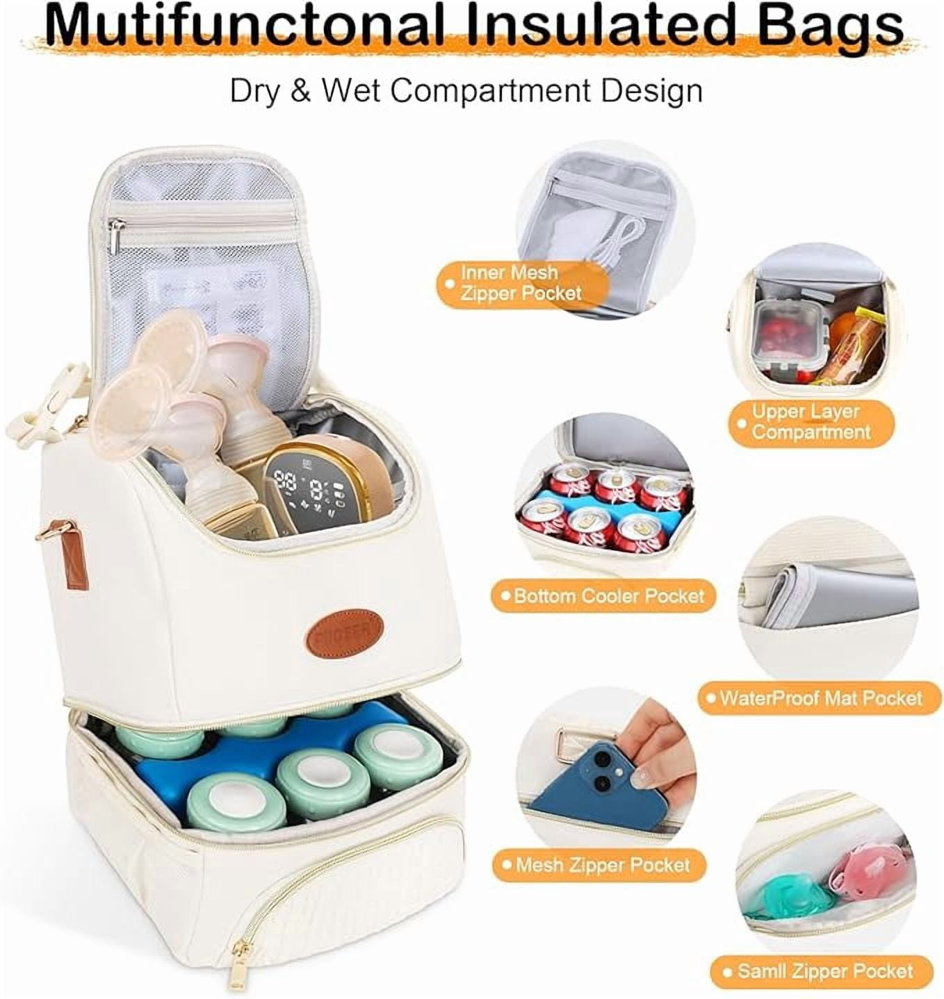 Breastmilk Cooler Bag with Ice Pack Fits 6 Baby Bottles Up to 9 Ounce, Insulated Baby Bottle Tote Bags, Double Layer Waterproof Leak-Proof with Shoulder Strap for Nursing &Working Mom