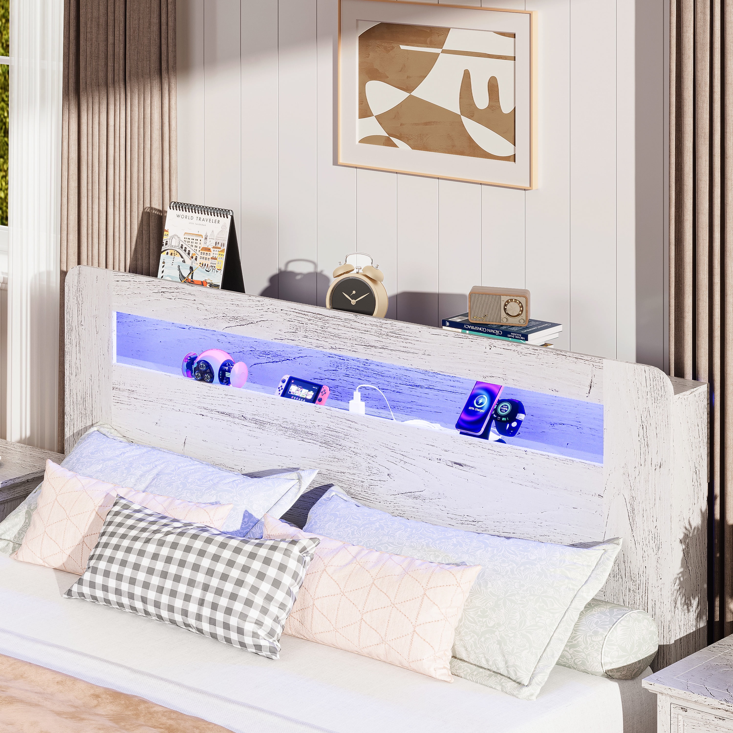 SESSLIFE Queen Size Bed Frame with Storage, Wood Platform Bed Frame with Charging Station and LED Light, Vintage Queen Bed Frame with Headboard and Wood Slats, No Box Spring Needed, White/Grey