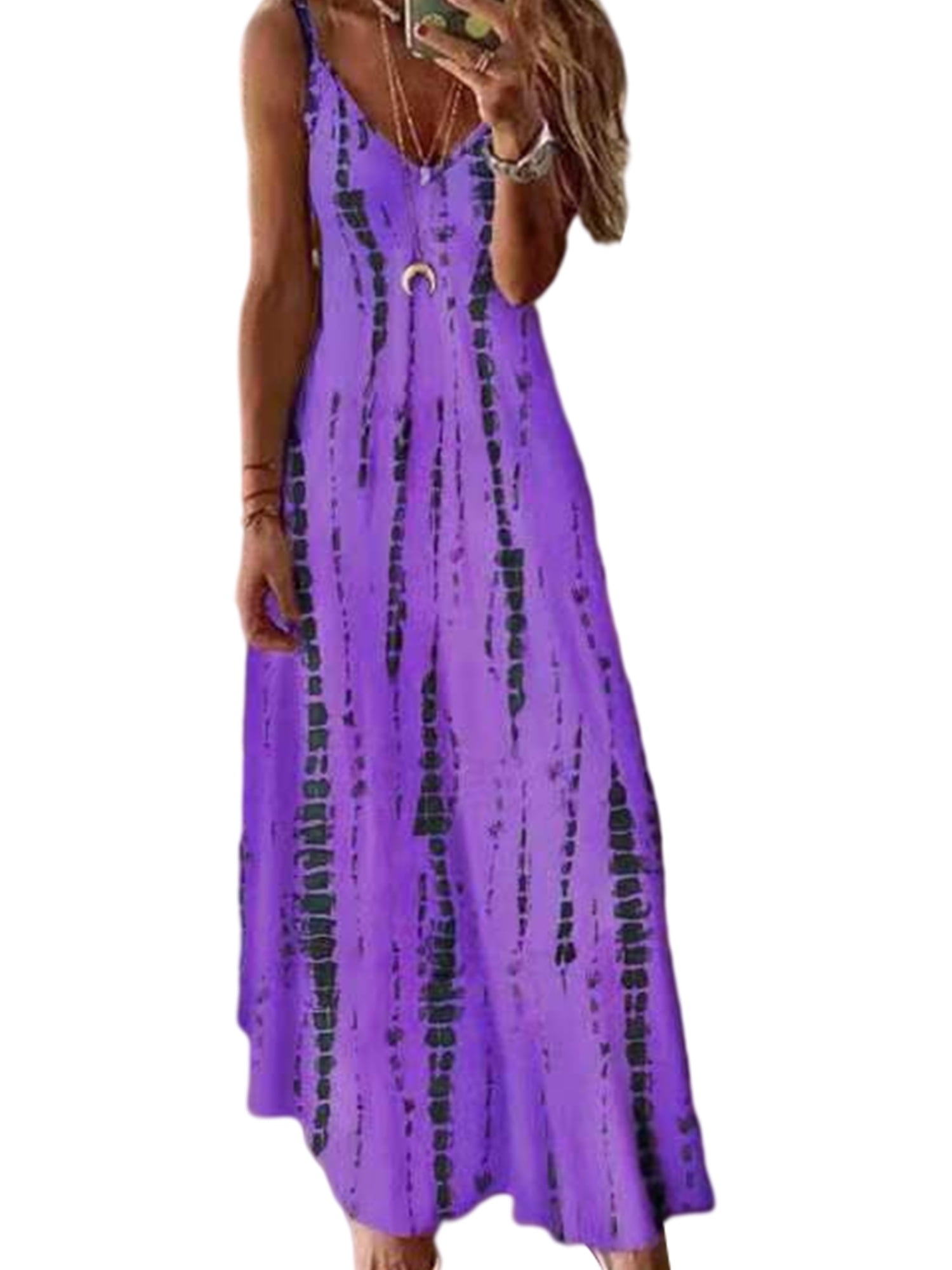 Lumento Beach Sun Dress for Womens Casual V Neck Loose Long Dress Tie Dye Flowy Pleated Dress