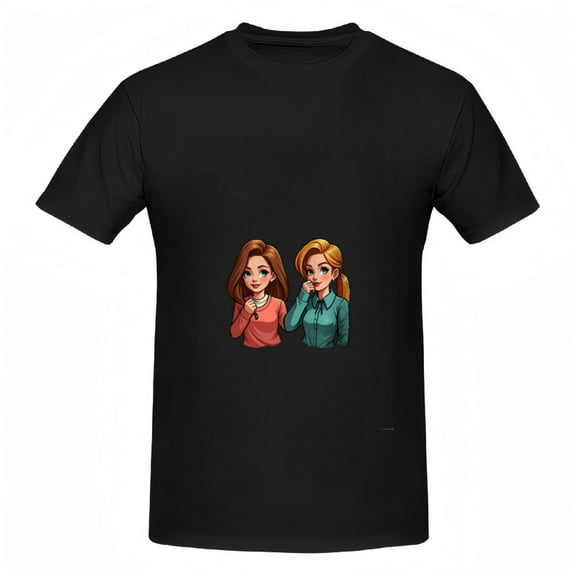 Vibrant Cartoon Graphic Tee for Women - Short Sleeve T-Shirt Featuring Two Animated Female Characters in Colorful Shirts - Fun and Stylish Cotton Top