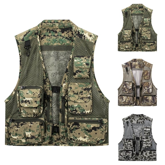 Agkizg Men's Outdoor Vests Camouflage Color V Neck Sleeveless Multi Pocket Mesh Fishings Hiking Gear