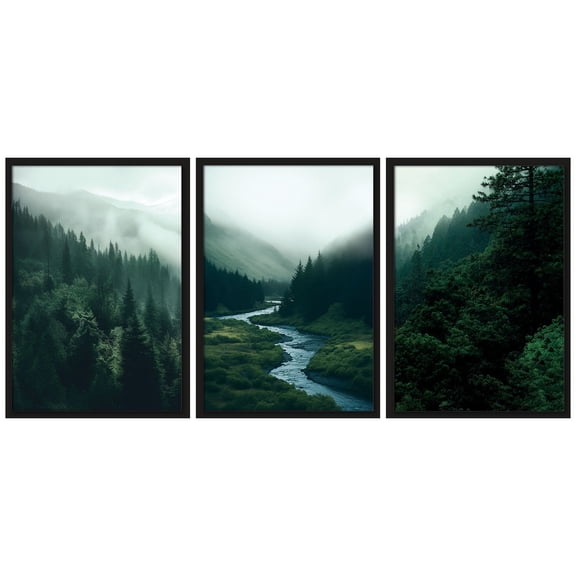 Nature Green Artwork Foggy Forest Canvas Wall Art Framed Scenery Prints Green Landscape Decor for Living Room,Bedroom,Office, Dining room - 16"x24"x3