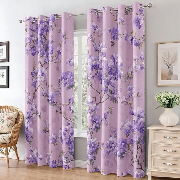 Wisteria Curtains, Purple Floral Blackout Curtains for Bedroom Living Room Decor, Botanical Flower Grommet Thermal Blackout Window Drapes 53"W x 63"L (Pack of 2)