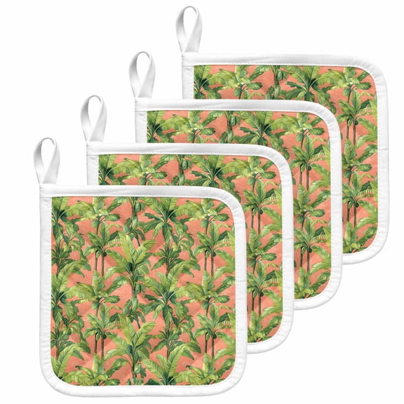 Palm Tree Tropical Pot Holders for Kitchen Heatproof Potholder, 4 Pack Pink Summer Green Botanical Hot Pads Multipurpose Oven Pads Cloth Potholders Trivet for Cooking and Baking