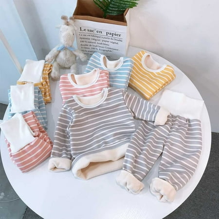 

ADVEN Kids Pajamas Set Warm Thicken Plush Cotton Soft Thermal Underwear Suit Round Collar Unisex Lightweight Winter Baby Infant Yellow 3