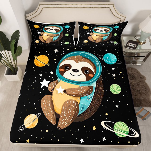 Erosebridal Cartoon Sloth Fitted Sheet Set Full, Cosmos Planets Stars Bed Set, Microfiber 3 Pieces