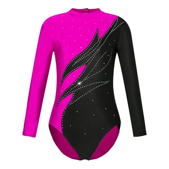 YIZYIF Girls Long Sleeve Contrast Color Gymnastic Athletic Leotard Shiny Glitters Rhinestones Dance Performance Costume
