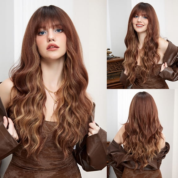 Mictong 26 inch straight bangs long curly hair wig, synthetic straight bangs wig, naturally fluffy long wavy wig, soft high temperature silk straight bangs wig, 1 piece, Red-brown