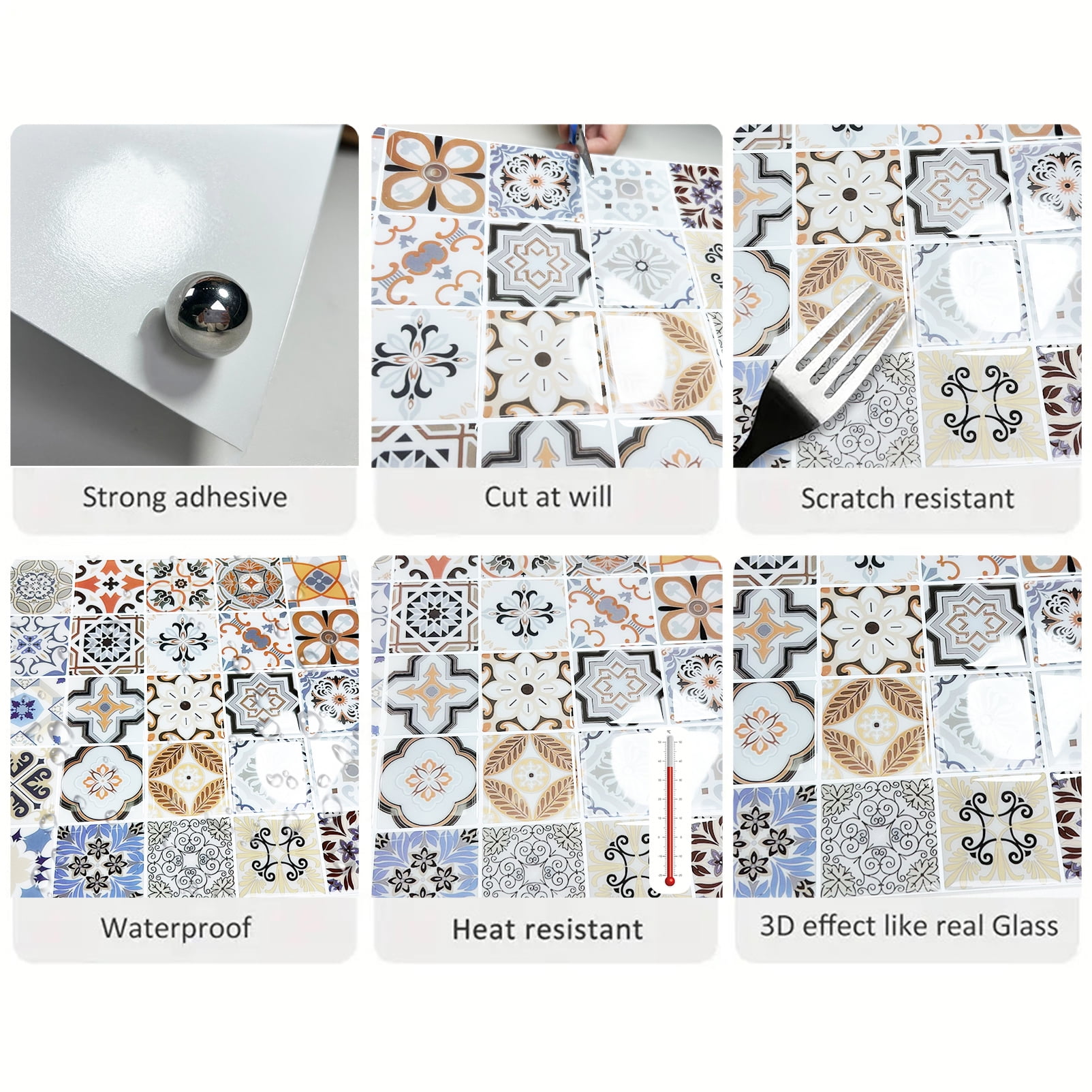 DEWOO 10PCS Mandala Tile Stickers, Peel and Stick Self Adhesive Removable Moroccan Tiles Backsplash Waterproof Oil Proof for Bathroom & Kitchen Wall Stickers Home Decor