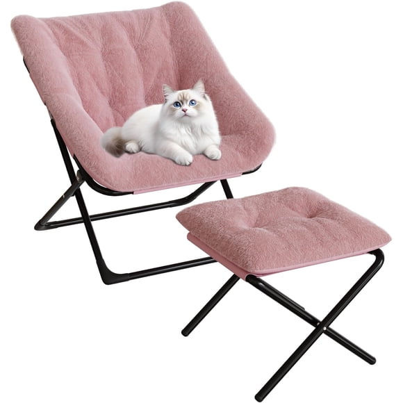 Bingirl XL Foldable Saucer Chair with Plush Faux Fur - Portable Accent Seat for Living Room, Dorm, and Bedroom, Non-Slip Base, Comfortable Fluffy Circle Floor Chair for Adults and Teens in Pink