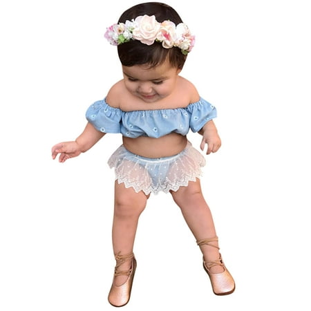 

nsendm Sweat Outfits for Kids Baby 0-3 Ruffled Lace Shoulder Set Shorts Tops Girls Floral 3-6 Month Jacket Girl Blue 6-12 Months