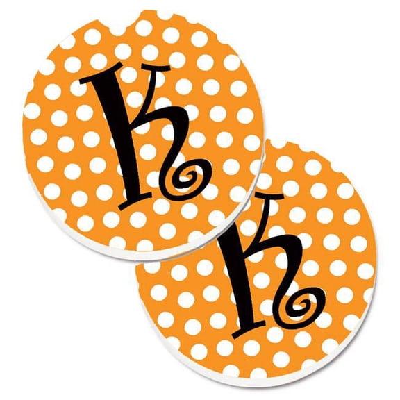 Monogram Initial K Orange Polkadots Set of 2 Cup Holder Car Coaster