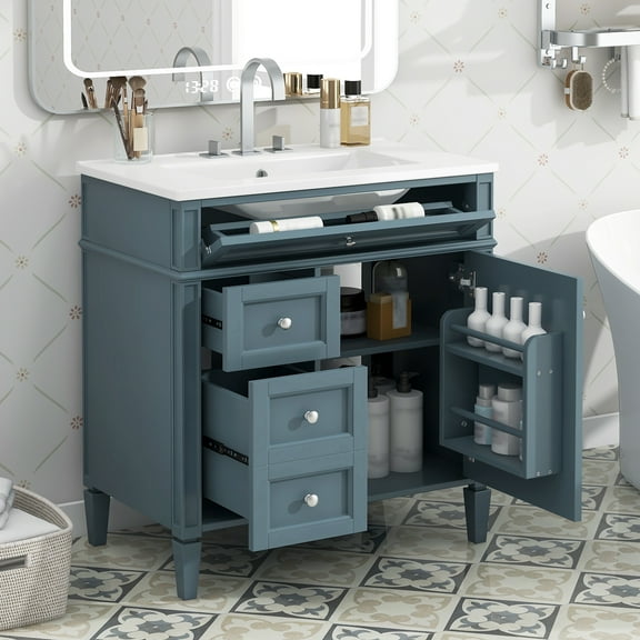 30'' Bathroom Vanity with Top Sink, Modern Bathroom Storage Cabinet with 2 Drawers and a Tip-out Drawer, Single Sink Bathroom Vanity