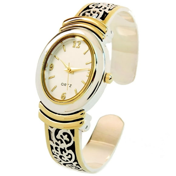 2Tone Western Style Decorated Oval Face Women's Bangle Cuff Watch