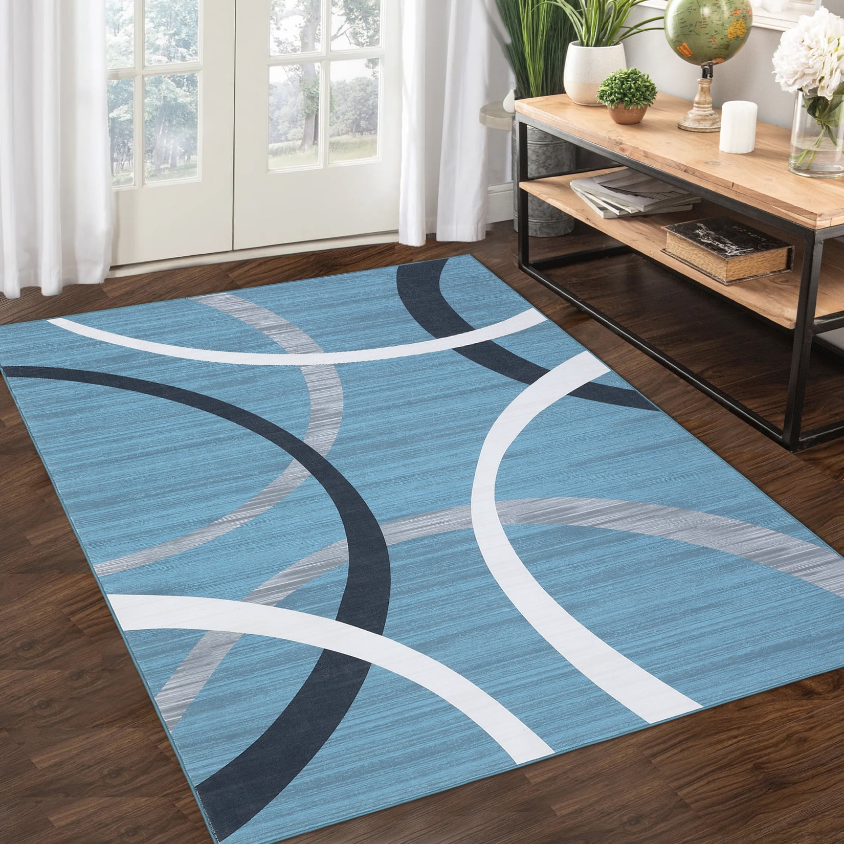 Hasoo Area Rug 4' x 6' Washable Rugs for Living Room Modern Geometric Line Pattern Carpet, Blue