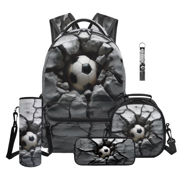 Jeiento 16 Inch 5-Piece 3D Soccer Print Backpack and Lunch Box Set, Water-Resistant School Backpack Set for Elementary Kids Boys, Back to School Supplies