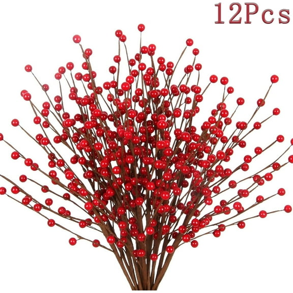 12 Pcs Artificial Berry Stems Branches Tutuviw Christmas Faux Holly Berries Picks Ornaments Red Berries Wire Branch Sprays for Christmas Tree Wreath DIY Craft Decorations Home Decor