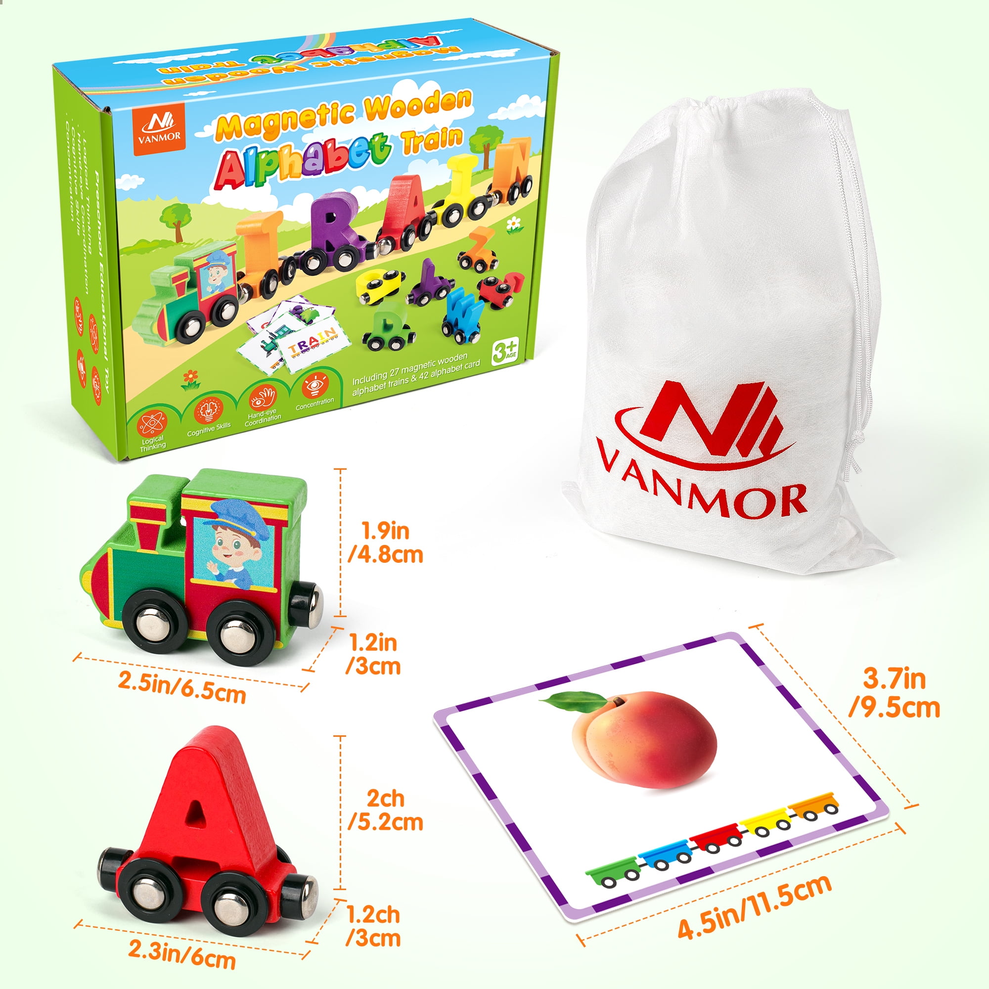 Vanmor 27 PCS Preschool Alphabet Toys Magnetic Wooden Train Sets | ABC Letter Learning Toy Trains with 42 PCS Flash Cards | Kids Boys Girls Educational Toys for 3 4 5 6 7 Years Old