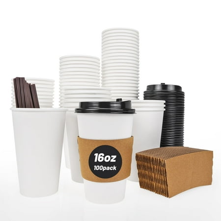 100 Pack Disposable Coffee Cups with Lids and Sleeves - 16oz Vasos Con Tapa - Perfect for Parties and Events - Hot and Cold Beverage Cups
