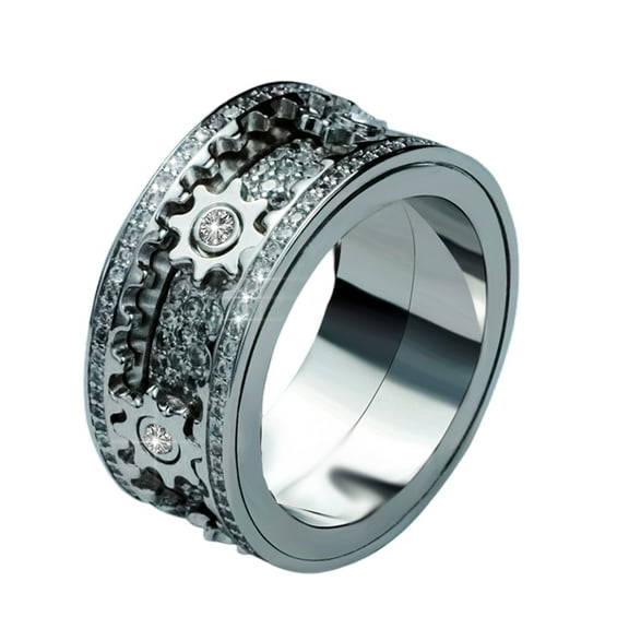 Men'S Stacking Ring With Cubic Zirconia, Diamonds And Rotating Gears For Stress Relief
