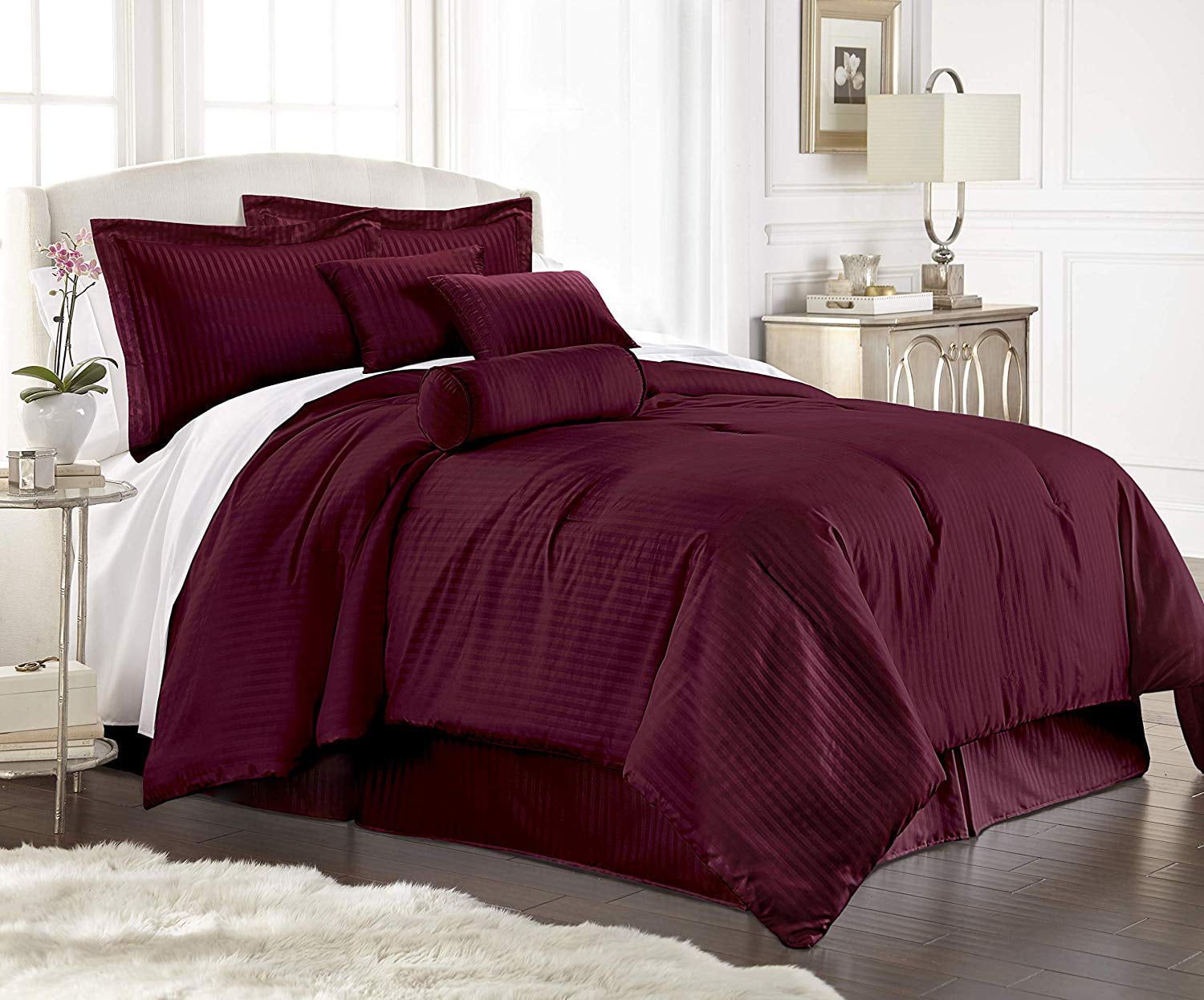 Chezmoi Collection Lex 7-Piece Solid Purple Hotel Dobby Stripe Comforter Set 