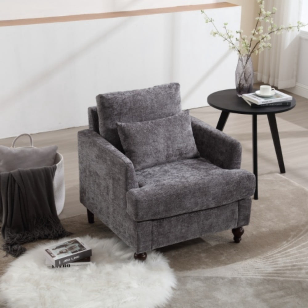 Accent Chair, Mid Century Modern Chenille Armchair with Tufted Back, Studded Solid Wood Frame, Upholstered Lounge Chair for Living Room, Bedroom, Gray