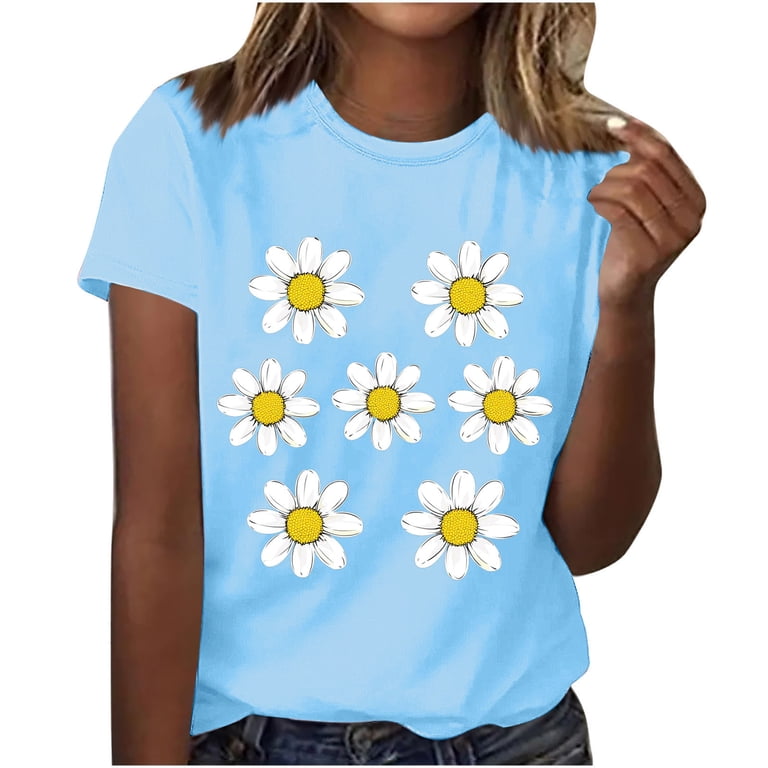 Women's Daisy Floral Tops Crewneck Short Sleeve Casual Summer