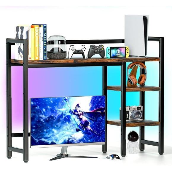 UTAH-Desktop Organizer Shelf, 38.5" Desk Hutch with RGB Light Strip - 16 Colors & Music Sync, 4-Tier Display Shelf Rack for Monitor, Desktop Bookshelf Storage, Wood Desk Shelf for Gaming & Home Offic