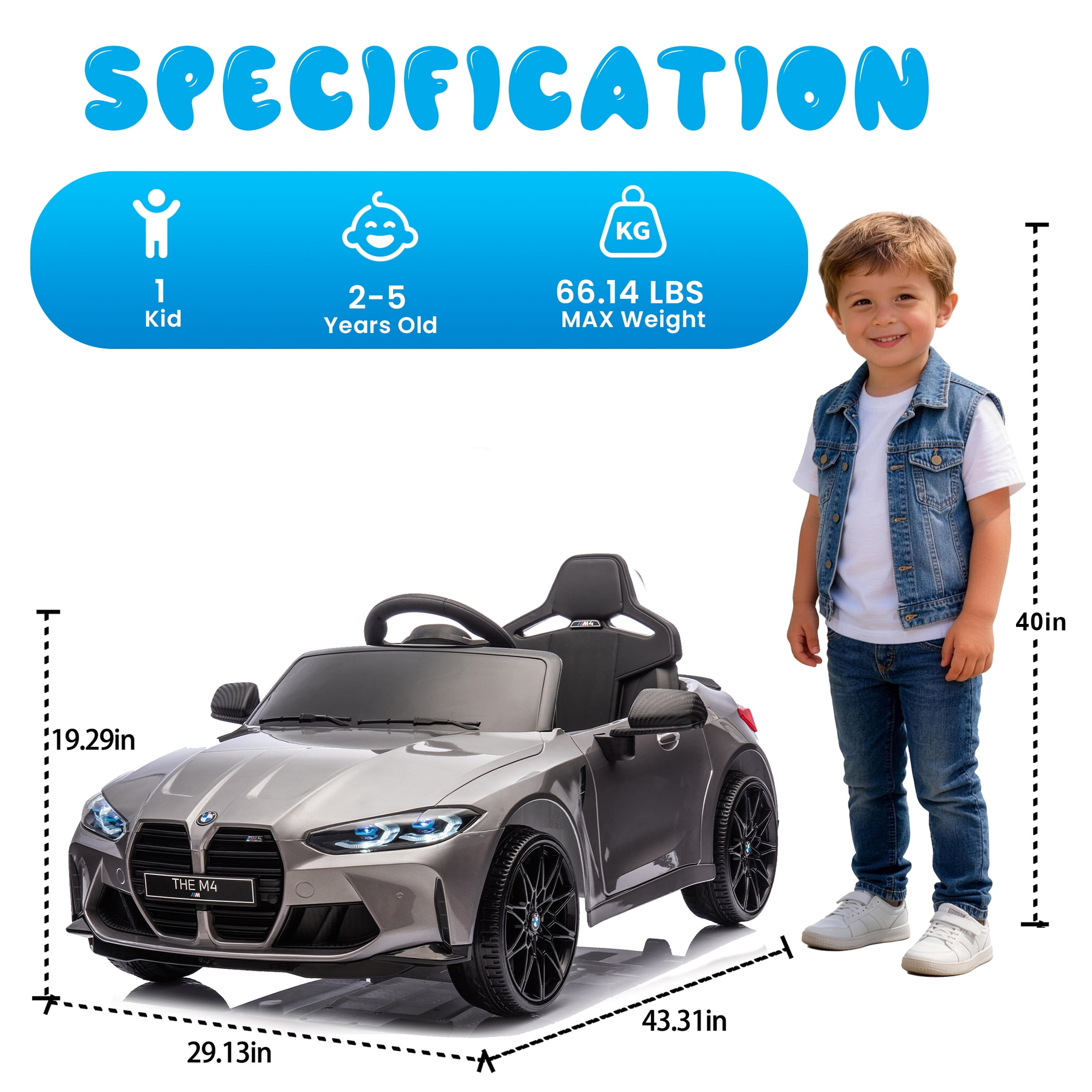 BMW M4 24V Kids Ride On Toy Car with Parents Remote, Electric Car with USB/MP3, Bluetooth, LED Light, Toddler Car with A Handle with Wheels and A Pull, Easy to Carry, Gift for Boys Girls 2-5, Silver