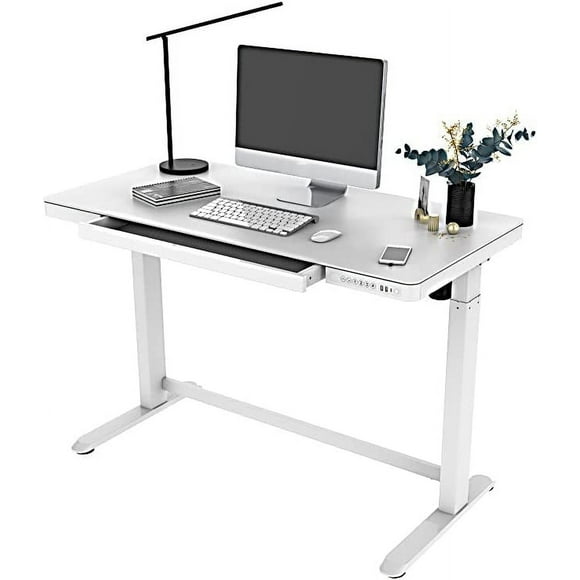 Electric 47" x 24" Standing Desk, Height Adjustable Sit to Standing Computer Riser Workstation with Glass Tabletop and Drawer, USB Charge Ports and Memory Pre-Settings