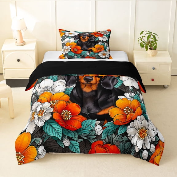 Homewish Vintage Pet Dog Twin Comforter Sets,Watercolor Flowers Bedding Set,White Orange,Black Reversible,2pcs,1 Comforter and 1 Pillowcase