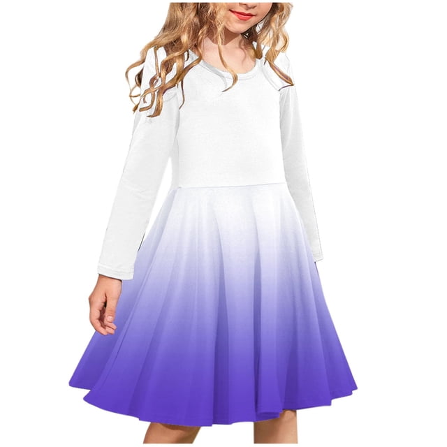 Odeerbi Niñas Manga Larga Ballet Skater Vestido Gradient Stretchy Twirly A Line Vestido Escuela Recital Cuello Redondo Vestido