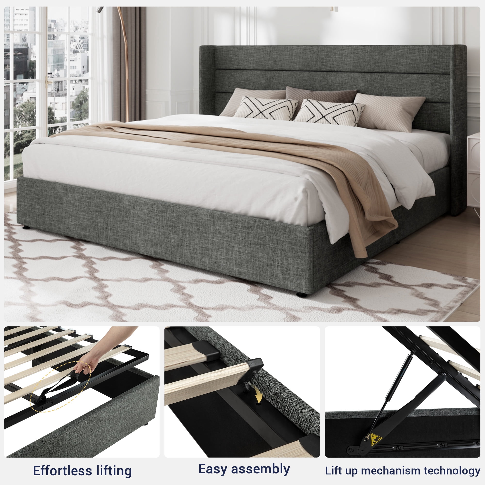 Allewie King Size Lift Up Platform Storage Bed Frame with Channel Wingback Headboard, Dark Grey