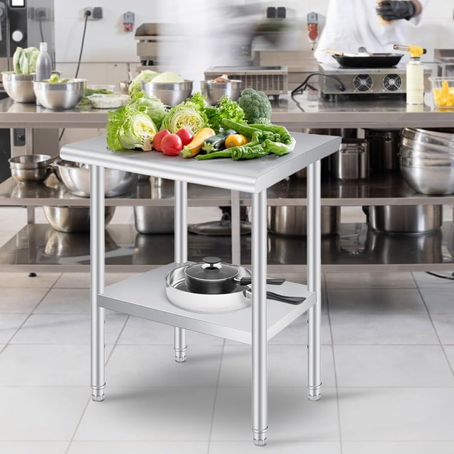 Bingirl 24 x 36 in Ultra - Thick Stainless Steel Prep Table with Rounded Corners, Commercial Grade, Adjustable Undershelf, Heavy Duty - 660 Lbs Countertop Load for Commercial & Outdoor Use