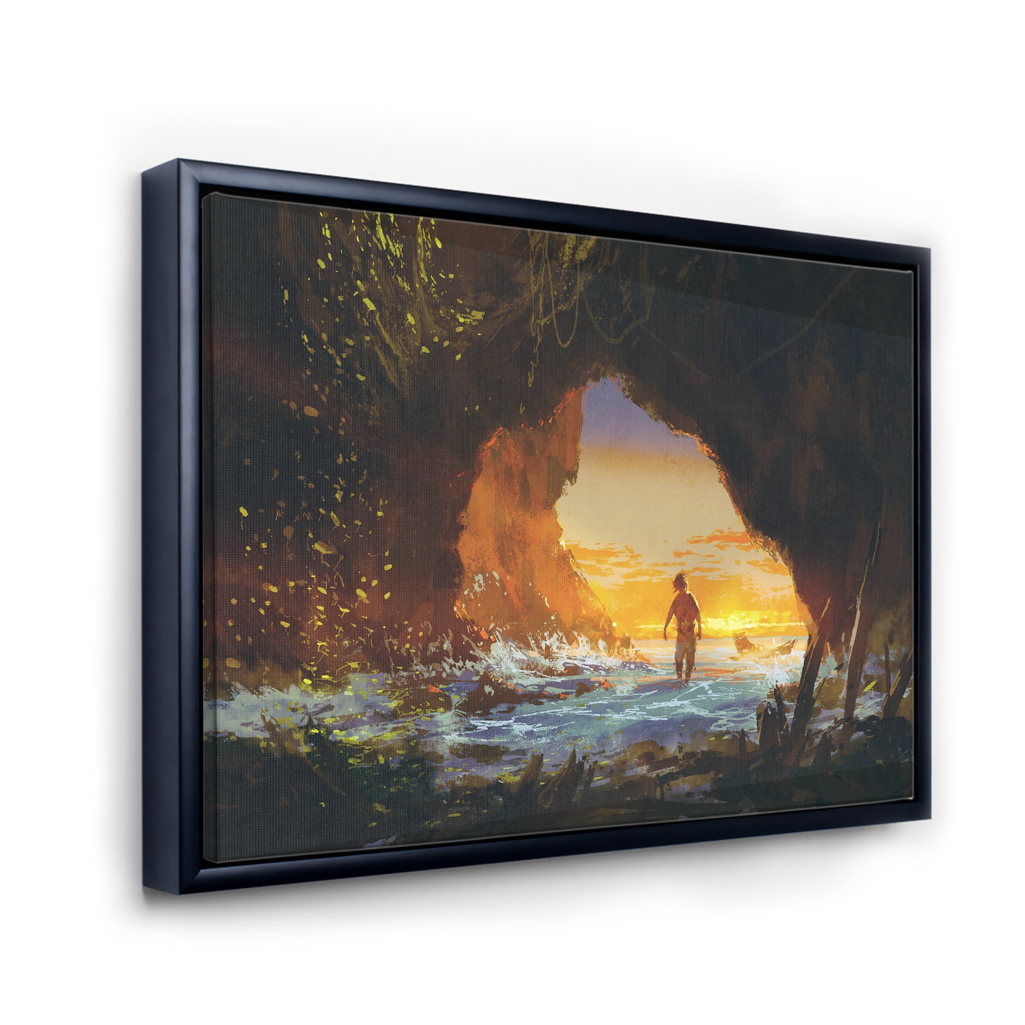 Designart 'The Sea Cave At Sunset With The Man Walking In' Nautical & Coastal Framed Canvas Wall Art Print