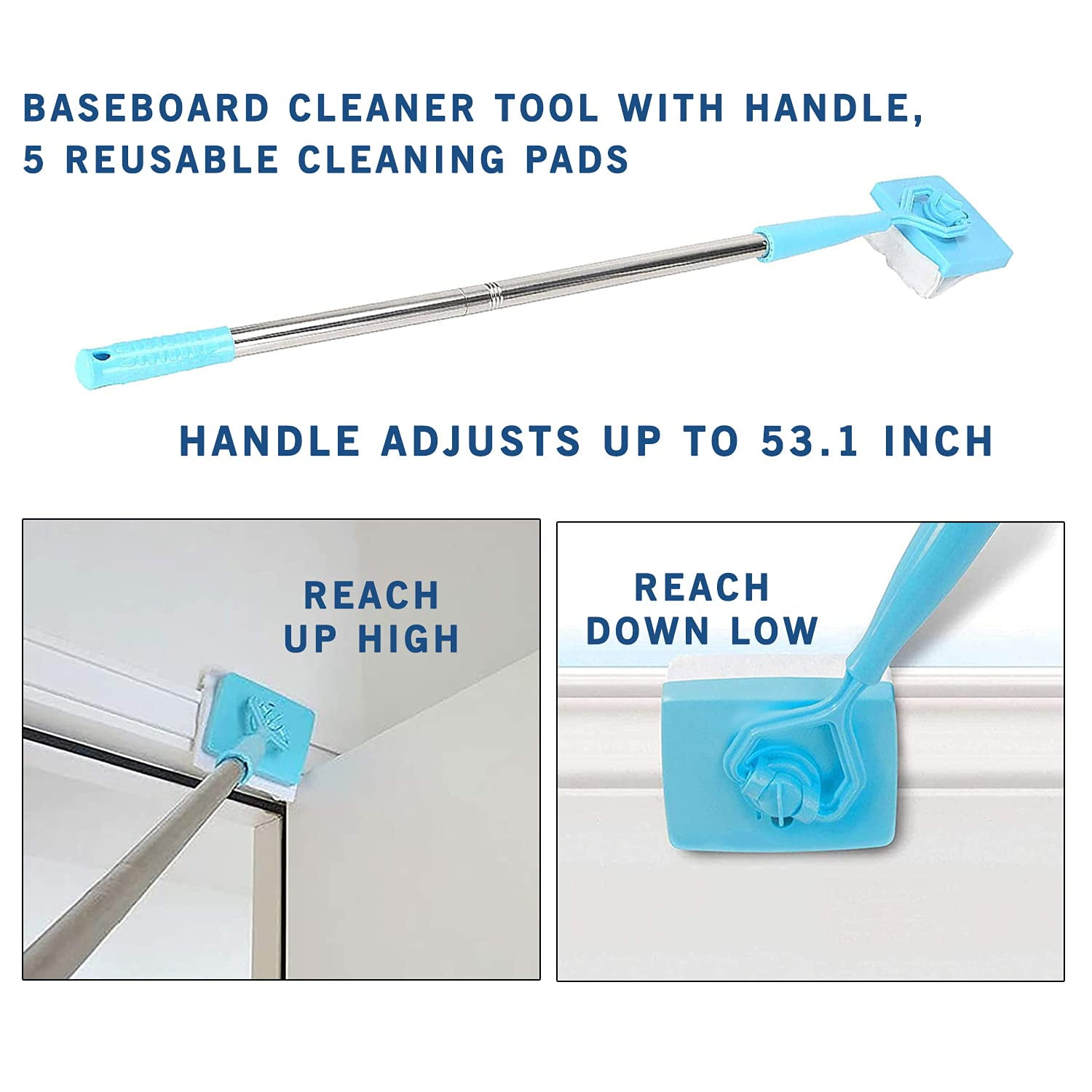 Baseboard Cleaner Tool with Handle, Baseboard Cleaner with Extendable Long  Handle, 4 Reusable Cleaning Pads Wall Cleaner for Baseboards Cleaning