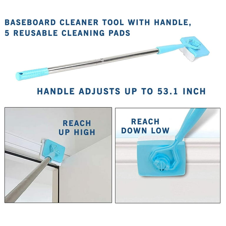 Lalafancy Baseboard Cleaner Tool with Long Handle 3 Reusable Cleaning Brush  Pads, 52'' Shower Wall Cleaner Scrubber Baseboard Duster for Bathroom Wall