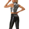 thumbnail image 3 of MODA NOVA Juniors’s Mock Neck Zipper Front Sleeveless Holographic Sparkle Party Tops Black Silver M, 3 of 5