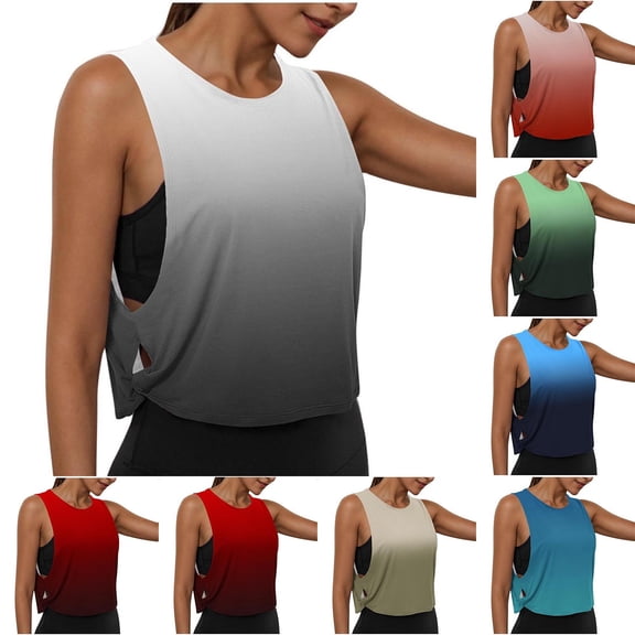 YHAJDS Women's Workout Tank Top Random Print Side Mesh Round Neck Sleeveless Beach Run