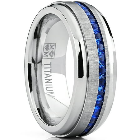 RingWright Co Men's Eternity Titanium Wedding Band Engagement Ring W/ Blue Simulated Sapphire Cubic Zirconia Princess CZ