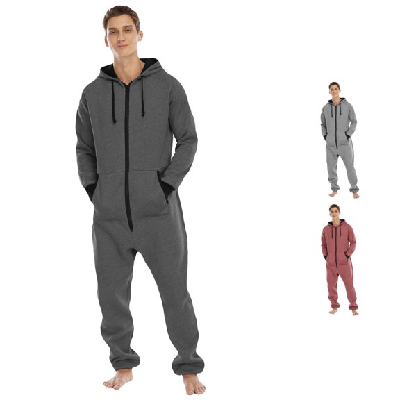 XIAONU Mens Warm Zip Up Hooded Onesie Pajamas Relaxed Loose Fit Loungewear For Sleep Nightwear Jumpsuit