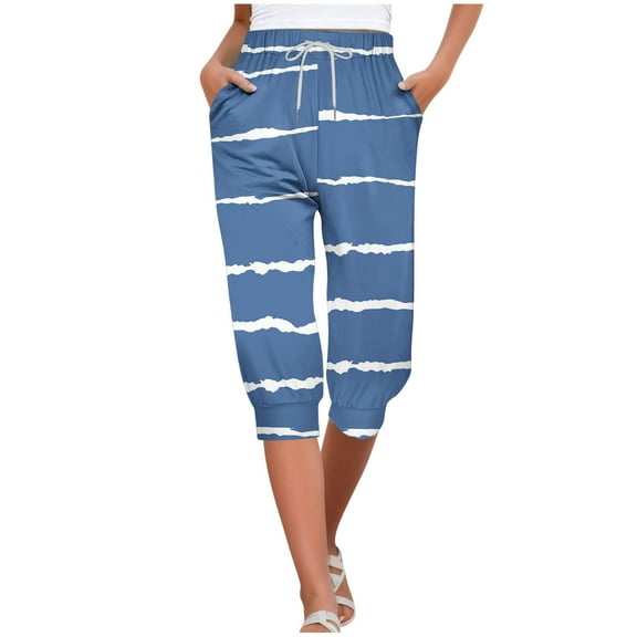 LMOIPLI Women's Pockets Cinch Bottom Sweatpant Summer Casual Capri Pants Cropped Drawstring Lightweight Yoga Jogger Pants High Waisted for Women Blue,XXL