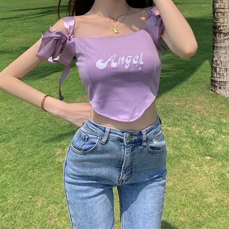 YUUZONE Women Tie Up Ribbon Bowknot Strap Crop for Tank Top Harajuku Angel Letters Embroidery Ribbed Knit Camisole Slash Neck Slim Fitted Mini Corset