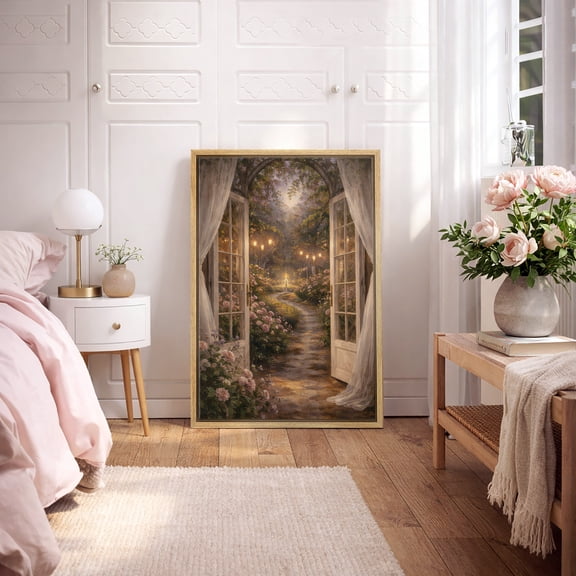 Framed Canvas Print Night Garden Wall Art Dark Academia Decorative for Living Room Bedroom - 16"x24" NATURAL
