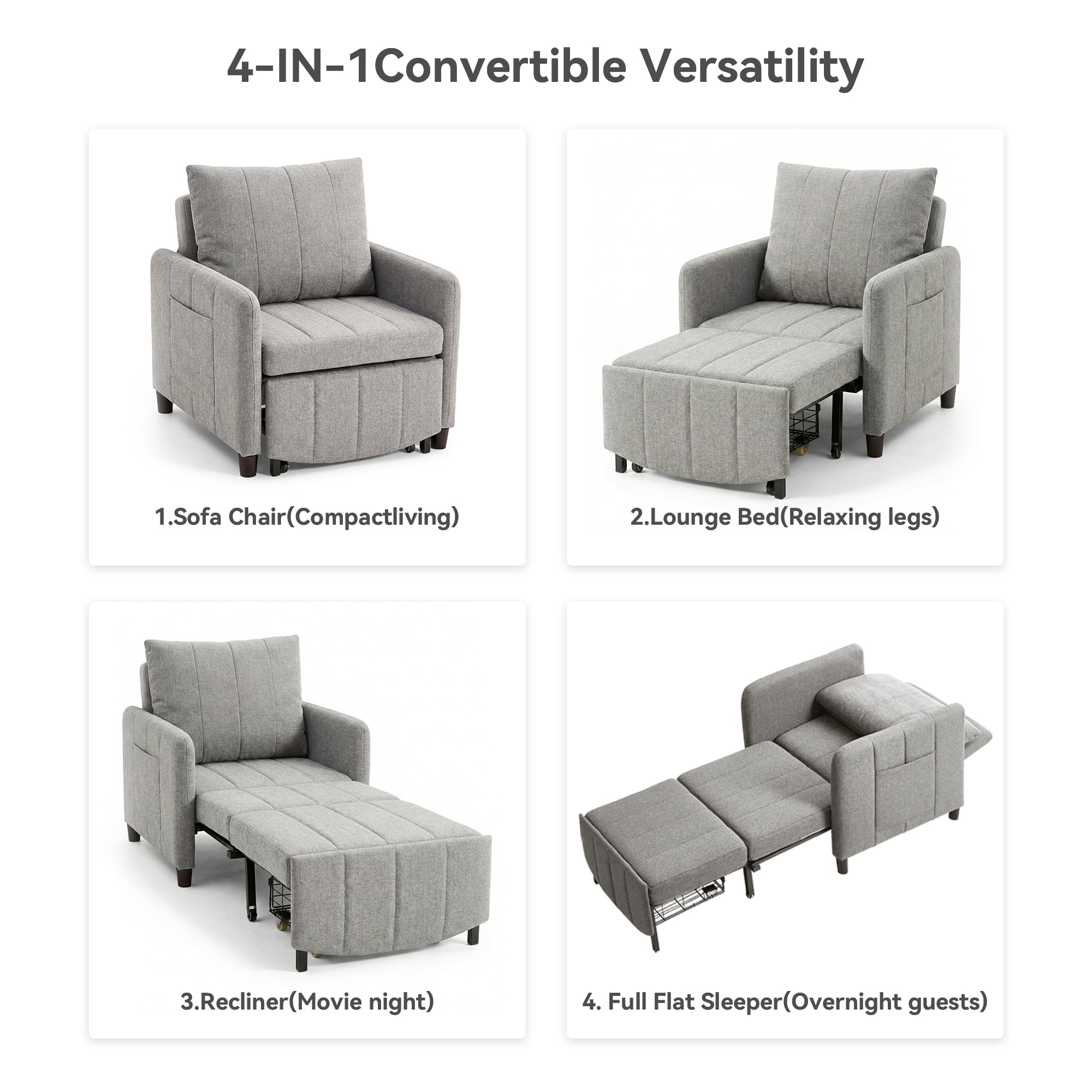 YIKEMA 4-in-1 Convertible Sleeper Chair Bed, 84 Inch Extra Long Pull Out Sofa for Tall Guests, Adjustable Backrest Lounge with Side Storage & Metal Frame, 500 lbs Capacity, Light Gray